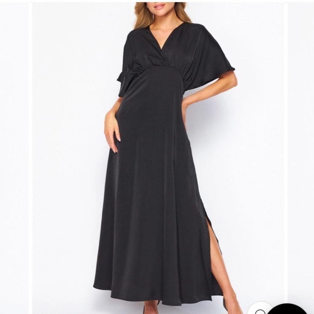 NWT BigHit black WOMEN'S SHORT SLEEVE V-NECK SIDE SLIT MAXI DRESS size M‎